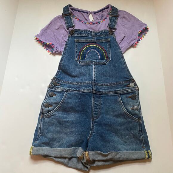 Mini Boden Purple Shirt & Denim Rainbow Shortall Overalls - Picture 1 of 4